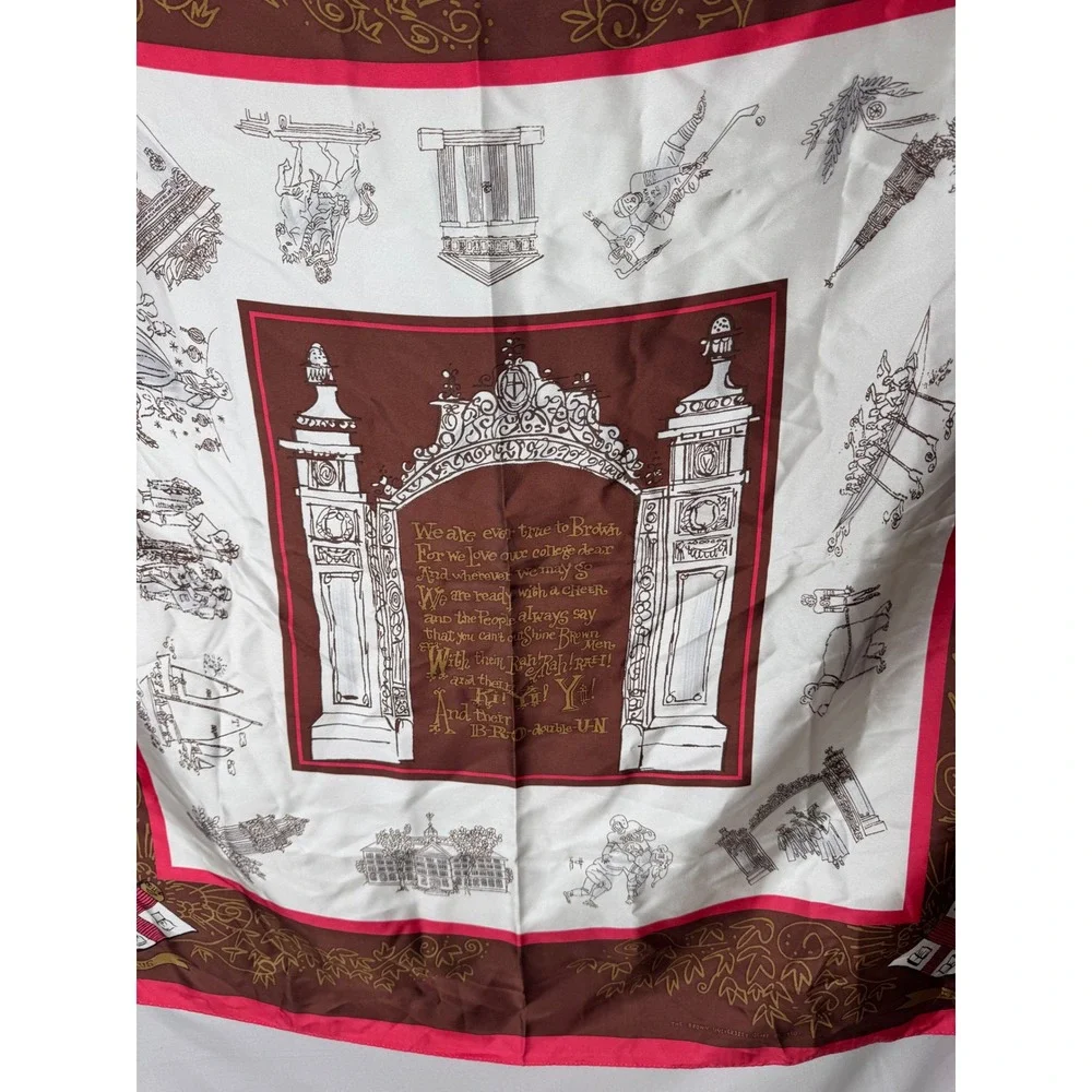 Vintage Brown University Silk Scarf Ivy League Collegiate Crest Brown Red White